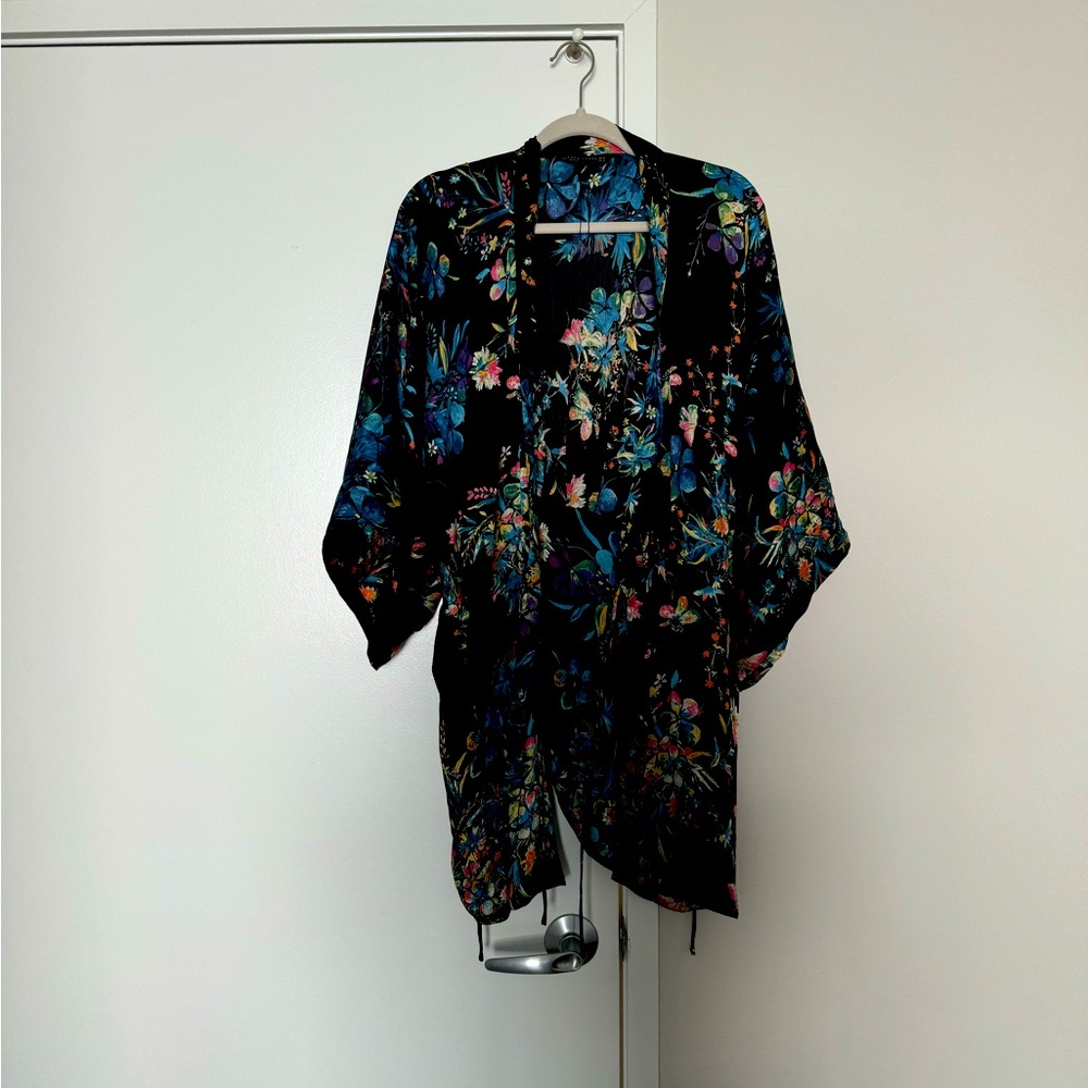 ZARA black and multi coloured floral kimono cover up XS